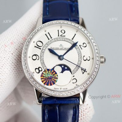 Swiss Copy White Face Jaeger Lecoultre Rendez-Vous Night & Day Watch With Diamonds Blue Leather Strap